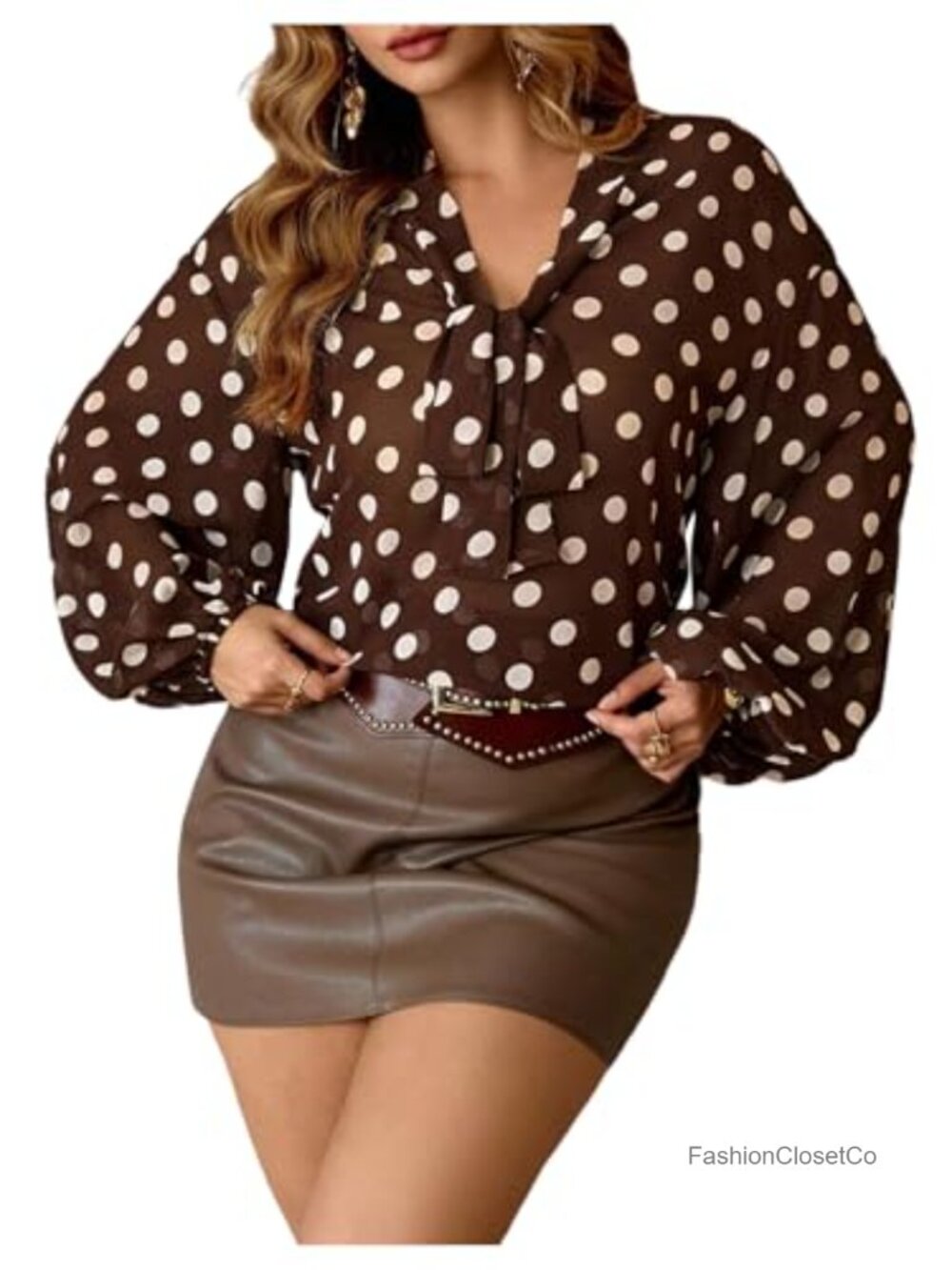 Plus Size Bow Tie Front Blouse Long Sleeve Polka Dot Top